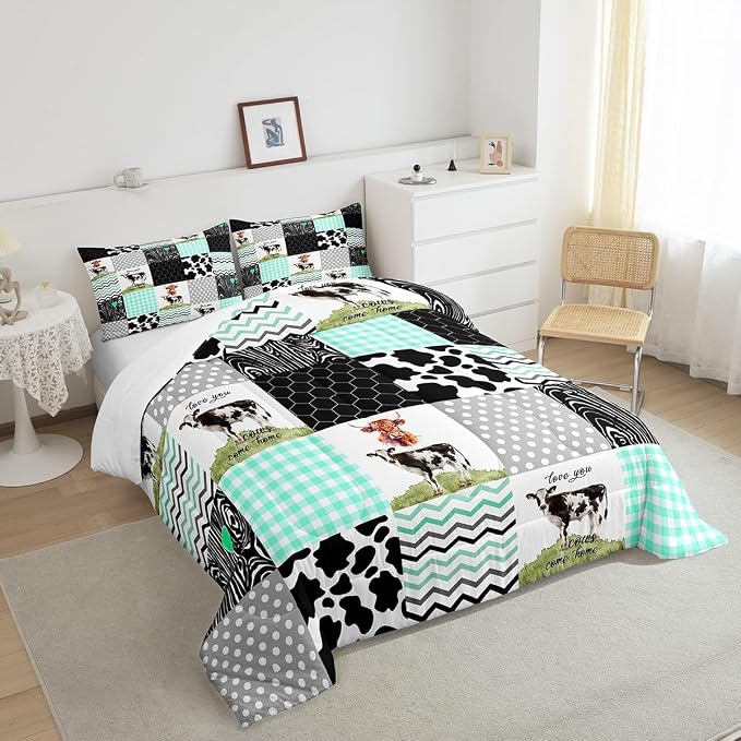 Cute Cow Print Comforter Set Twin Size Kawaii Highland Cow Bedding Set Bedroom Decor Honeycomb Plaid Pattern Geometric Stripes Down Comforter Cartoon Farm Animals Duvet Set, Green Black Grey - Image 5