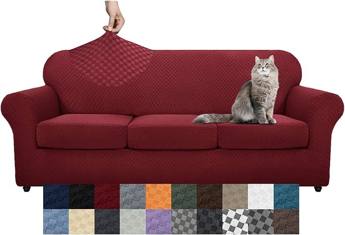 YEMYHOM Latest Checkered 4 Pieces Couch Covers for 3 Cushion Couch High Stretch Thickened Sofa Cover for Dogs Pets Elastic Slipcovers Living Room Furniture Protector (Wine Red), 71"-91"(3 Cushions) - Image 8