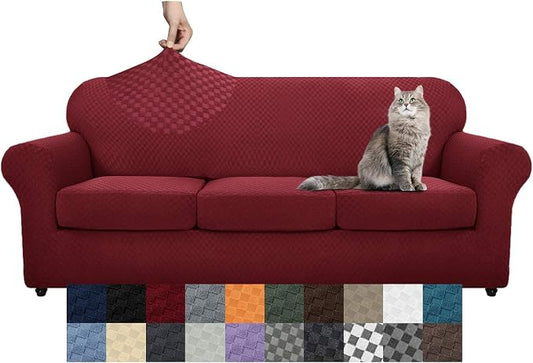 YEMYHOM Latest Checkered 4 Pieces Couch Covers for 3 Cushion Couch Extra Large High Stretch Thickened Sofa Cover for Dogs Anti Slip Furniture Protector Sofa Slipcovers (Wine Red), 91"-110"(3 CUSHIONS) by YEMYHOM