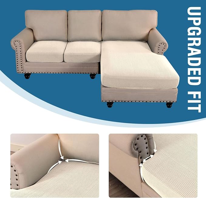 H.VERSAILTEX Sectional Couch Covers 3 Pieces Sofa Seat Cushion Covers L Shape Separate Cushion Couch Chaise Cover for Both Left/Right Sectional Couch (Seat Only: 1 Chaise + 2 Sofa, Cream) - Image 7