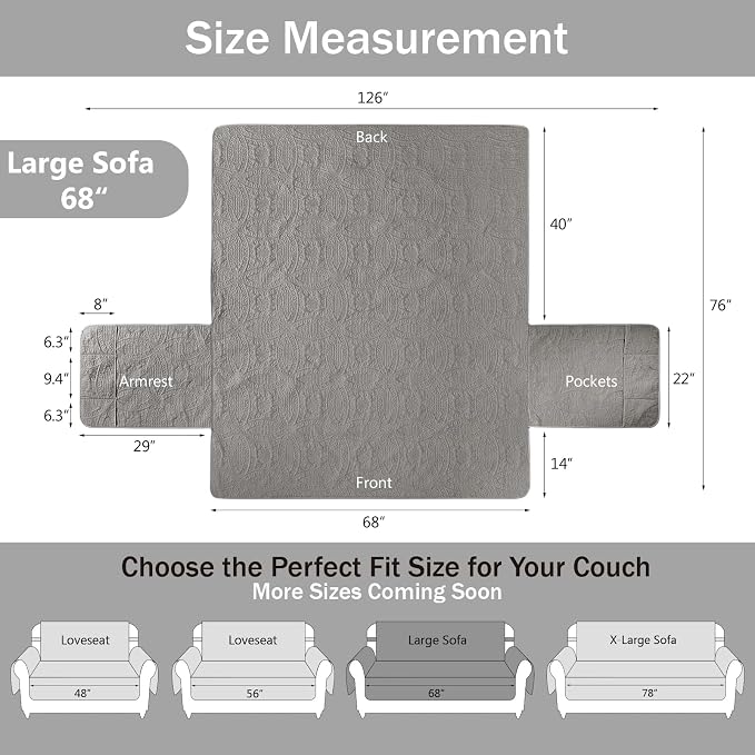 Quilted Cool Gray Sofa Slipcovers with Pockets, Anti-Slip Medallion Couch Covers for 3 Cushion Sofa, Couch Cover for Dogs Cats Water-Repellent Machine Washable (Large Sofa 68", Cool Gray) - Image 7