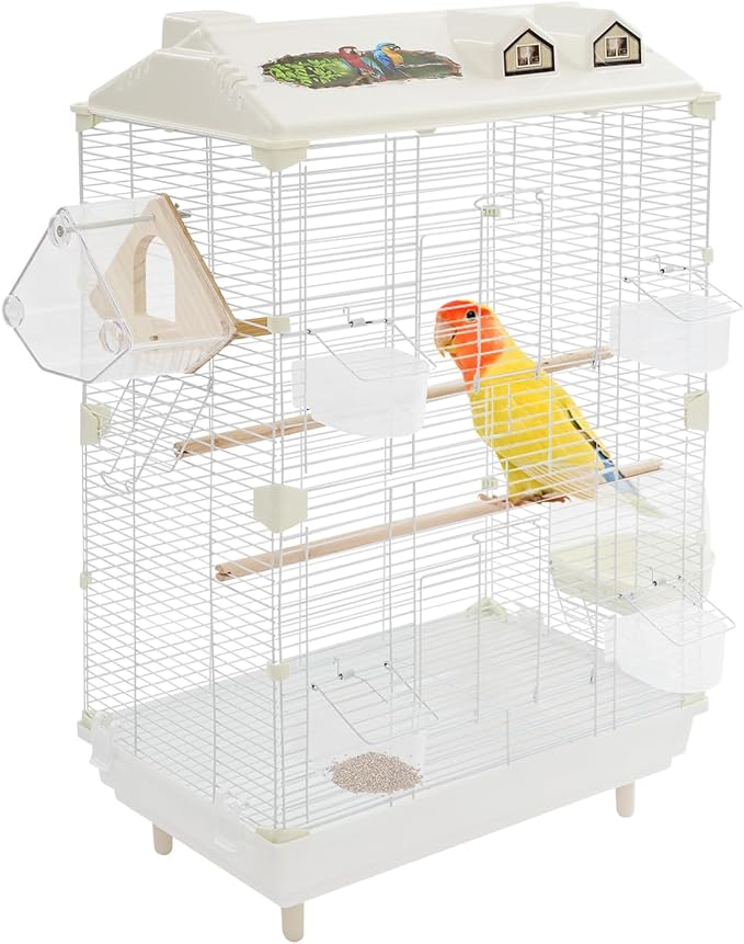 2-Door Wrought Iron Bird Cage Parakeet Cage with Roof, Parrot Cage Pet Birds Flight Cage, Interactive Birdcages Bird House Travel Cages for 4-6 Small Birds (30" H, Iron Mesh w/Roof-B) by Unknown