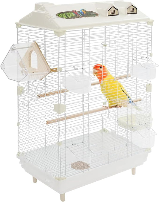 2-Door Wrought Iron Bird Cage Parakeet Cage with Roof, Parrot Cage Pet Birds Flight Cage, Interactive Birdcages Bird House Travel Cages for 4-6 Small Birds (30" H, Iron Mesh w/Roof-B) by Unknown