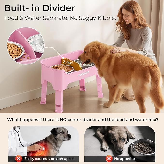 URPOWER Mess Proof Elevated Dog Bowls, Splash Guard Raised Bowl Stand | 4 Height Adjustable Raised Stand with 2 Stainless Steel Food Bowls & Licking Plate for Small, Medium & Large Dogs - Image 4
