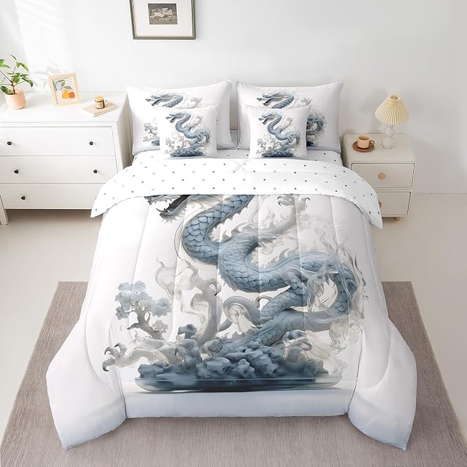 7 Pcs Dragon Comforter Set King Size, Mysterious Dragon Bed in a Bag with Top Sheet and Fitted Sheet for Kids and Adults, Dragon In The Clouds Bedding Set with Pillowcases & Shams(King,7-Piece) by Erosebridal