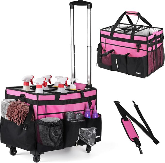 Extra-Large Rolling Cleaning Caddy with Wheels,Cleaning Caddy Bag with Detachable Trolley,Water Resistant Lining Cleaning Supply Organizer with Handle for Cleaners,Housekeepers by TWINDLE