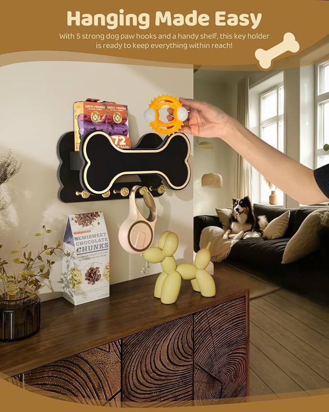 MTERSN Decorative Dog Leash Holder for Wall - Dog Stuff Organizer and Doggie Bone Key Holder Wall Mount with 5 Cute 3D Puppy Paw Hooks & Storage Shelf - Apartment Essentials (Black) - Image 3