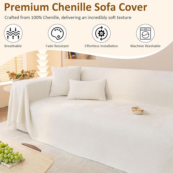 Luxury White Soft Thick Slub Chenille Couch Cover Large 71x118 in | for All Shape Sofa Couch, Slub Furniture Protector Machine Washable, White Sofa Slipcover for Dogs Pets Kids - Image 3