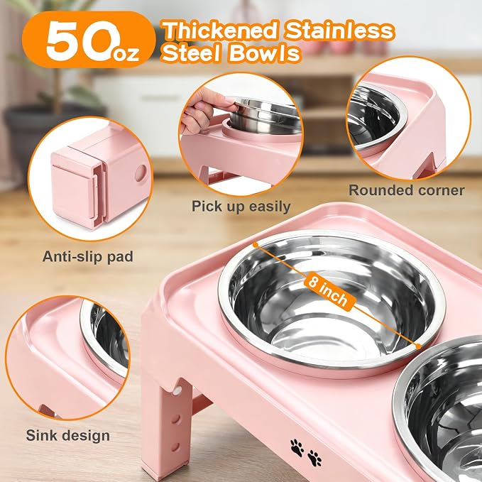 COMESOON Elevated Dog Bowls, 4 Height Adjustable Raised Bowl Stand with 2 Thick 50oz Stainless Steel Food Bowls Non-Slip Feeder Adjusts to 3.7'', 9.2'', 10.75'', 12.36'' Pink - Image 4