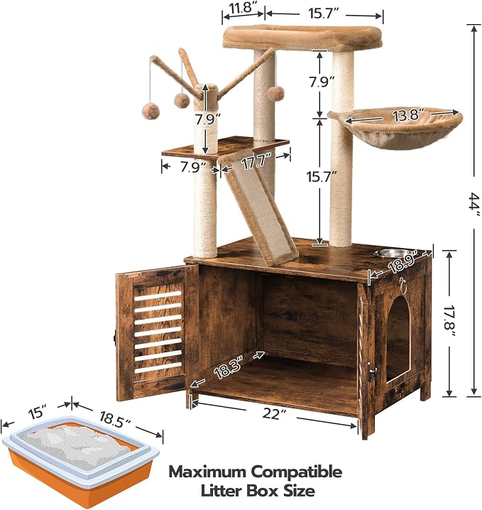 HOOBRO Cat Tree with Litter Box Enclosure, 44" Tall Wooden Cat Tower with Scratching Posts, Cat Hammock, Hidden Litter Box Furniture, All-in-One Indoor Cat Condo, Rustic Brown FG48MZ03 - Image 3