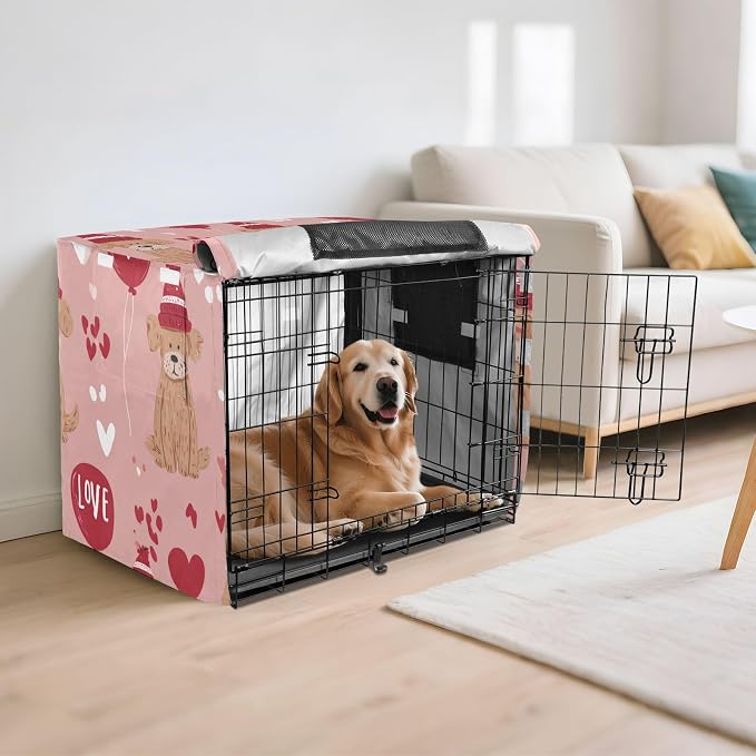 Dog Crate Cover Kennel Cover for Dog Cages Breathable for Wire Cage Indoor Outdoor Pink Dog and Balloon Love - Image 6