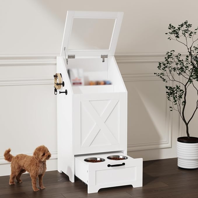 Dog Feeding Station with Storage Cabinet and 2 Elevated Dog Bowls, Hidden Pet Food Storage Organizer for Dog &Cat,Modern Dogs Furniture (White) - Image 2