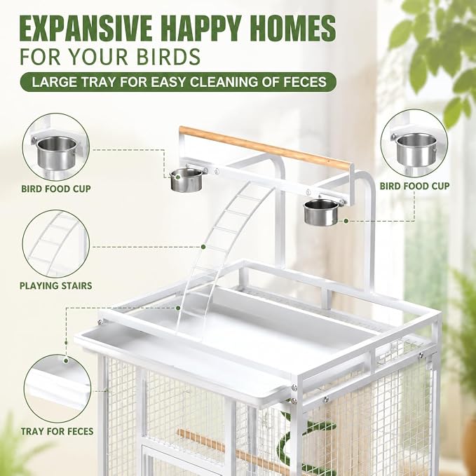 Erinnyees 61 Inch Wrought Iron Large Bird Cage with Rolling Stand, Heavy-Duty Parakeet Cage with Pull-Out Tray and Wheels, Birdcage for Parrots, Cockatiels, Budgies, Lovebirds, Macaws (White) - Image 3