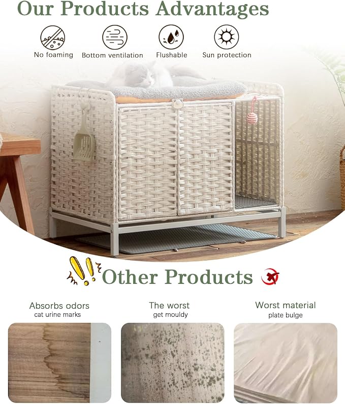 SETVSON Cat Litter Box Enclosure Furniture with Divider, Hidden House White | Handwoven PE Rattan with Washable Mat, 3.54-In Heightened Metal Feet, 31.2 x 19.6 x 24.2 Inches Spacious Cabinet - Image 3