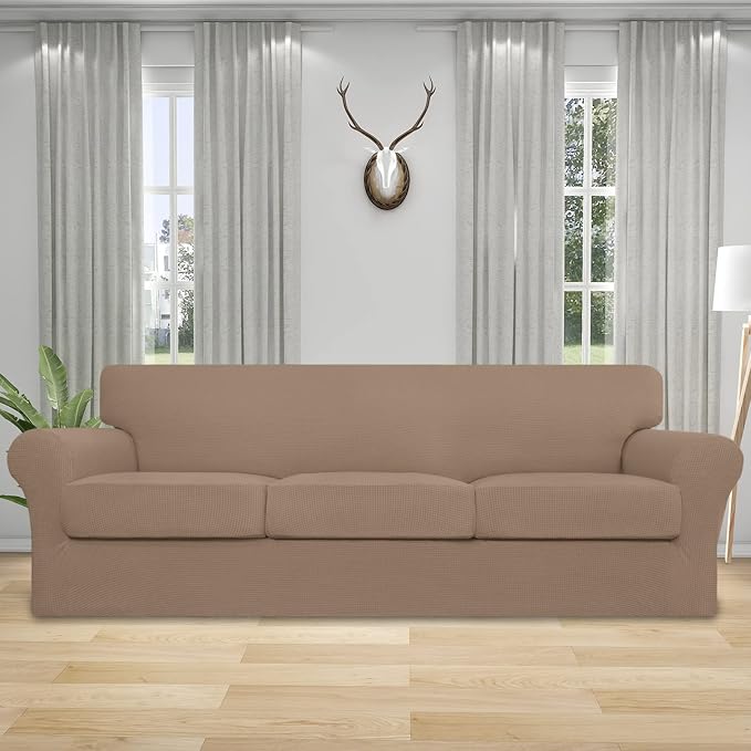 Easy-Going 4 Pieces Stretch Couch Cover Oversized Sofa Cover for Dogs Washable Sofa Slipcover for 3 Separate Cushion Couch Spandex Elastic Furniture Protector for Pets, Kids (Camel, Oversized Sofa) - Image 2
