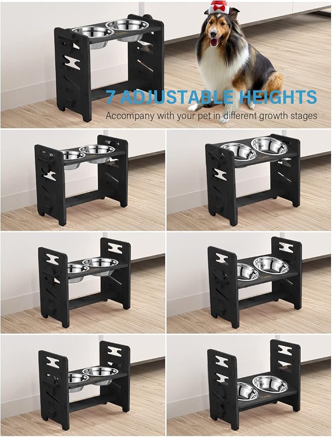 Vantic Elevated Dog Bowls, Raised Dog Bowl Stand Adjustable Medium, Black | Bamboo Elevated Feeder with 2 Stainless Steel Bowls, Adjustable Height Stand for Medium Dogs - Image 3