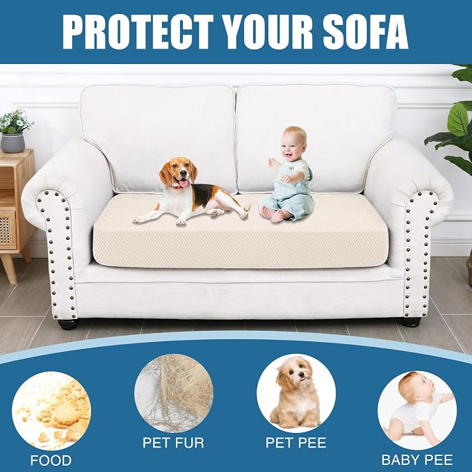 Smiry Waterproof Couch Cushion Covers, Non Slip Seat Cushion Covers | Stretch Jacquard Sectional Sofa Slipcover, Washable Elastic Furniture Protector for Pets, Kid, Medium, Light Beige - Image 5