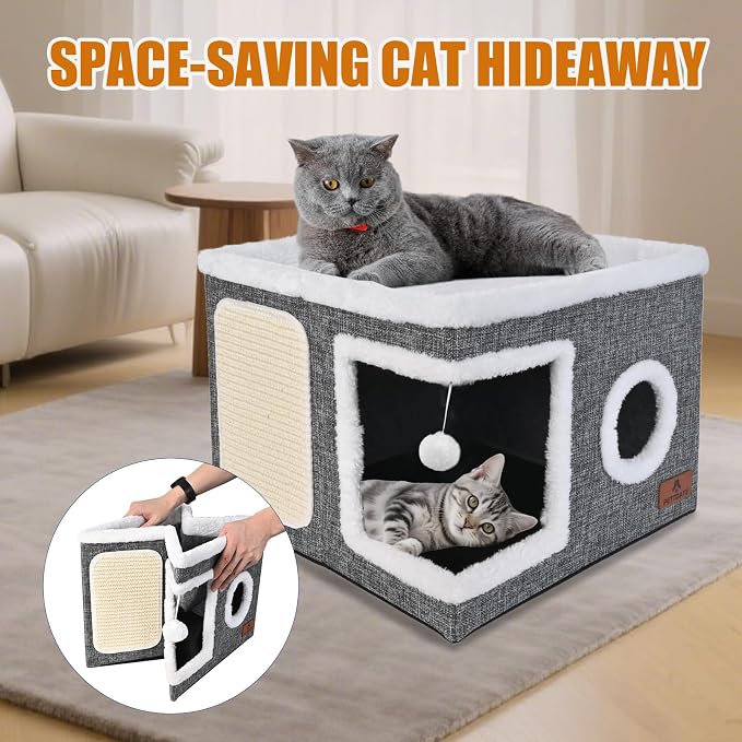 Cat Beds for Indoor Cats - Foldable Cat Hideaway with Hanging Fluffy Ball and Scratch Pad, Large Cat Bed Cave with Reversible Cushion for Multi Small Pet Kitten, Grey - Image 6