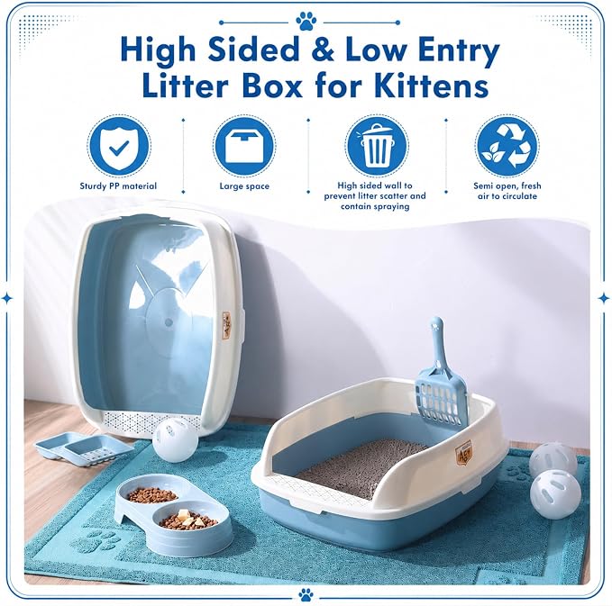 Sliner Kitten Litter Box Low Entry Starter Kit – 7pcs Set with 2 Litter Boxes, 2 Bowls, Scoop & Waterproof Mat, High Sided Cat Toilet for Small Kittens up to 6.6lb (Blue) - Image 5