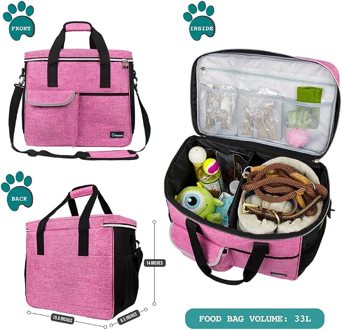 PetAmi Dog Travel Bag Organizer, Pet Travel Kit with 2 Food Containers & 2 Collapsible Dog Bowls, Pet Supplies Tote with Luggage Sleeve, Weekend Road Trip Camping Essentials, Pink, Large - Image 2