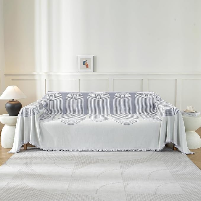 Couch Cover for Sofa, Boho Sofa Cover Washable Couch Cover for Dogs, Pet Sofa Cover for 3-Cushion Couches with Tassel Furniture Protector Cover,71" x 134",Light Gray-Half-Round by YSTELLAA
