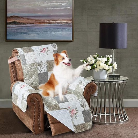 Brilliant Sunshine Pink Rose & Grey Toile Couch Recliner Cover, 26" seat | Patchwork Design, Non Slip Sofa Cover, Quilted Furniture Protector, Washable Reclining Chair Slipcover for Pets, Dogs by BrilliantSunshine