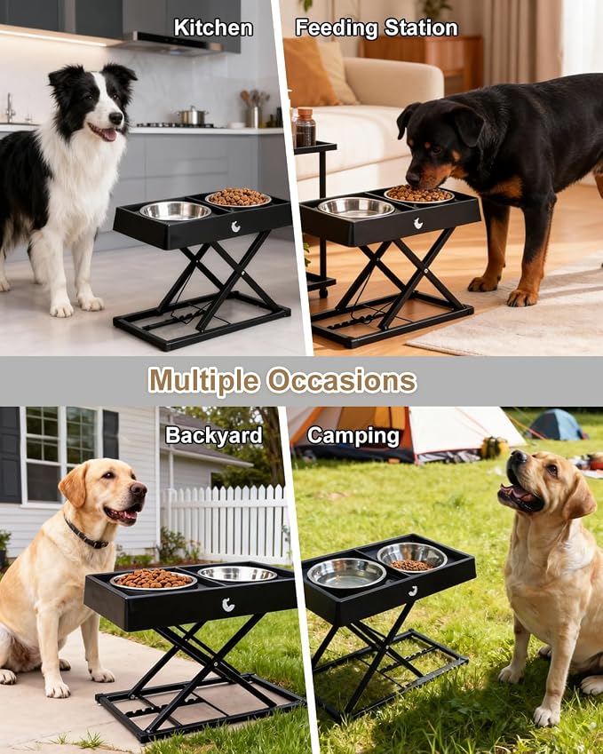 Taglory Metal Elevated Dog Bowls Stand for Large Breeds, 9 Height-Adjustable Raised Dog Bowl with 2 Stainless Steel Bowls(6 Cup), Anti-Slip Pads, 9" to 17.5", Black - Image 5