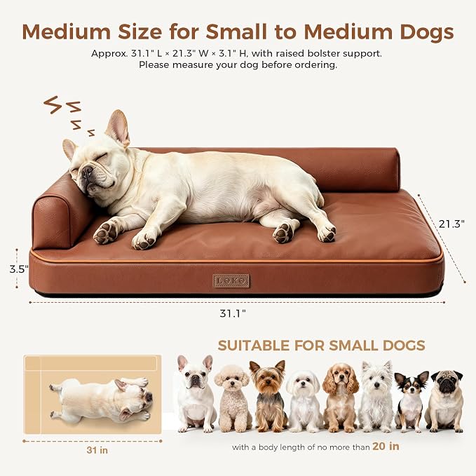 Outdoor Waterproof Dog Bed for Small Dogs, Egg Crate Foam Crate Pad with Raised Bolster, Removable Washable Leather-Look Cover, Non-Slip Bottom, Brown, for Dogs Up to 20 in. Long - Image 2