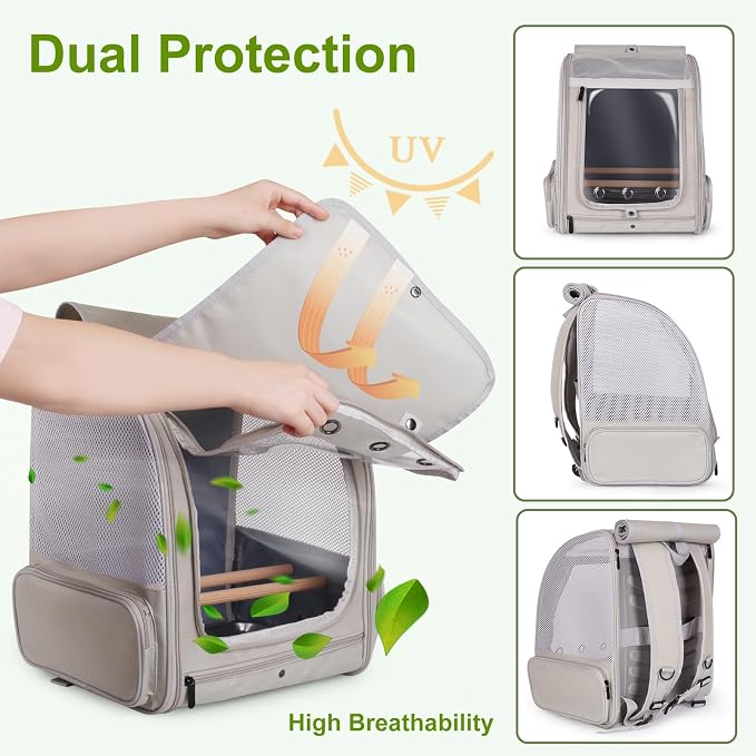 Bird Backpack Carrier with Front Zipper Opening, Portable Bird Travel Carrier Cage with 2 Standing Perches and Metal Tray, Breathable Transport Bag for Parakeet, Budgie, Conure, Cockatiel, Parrot - Image 2