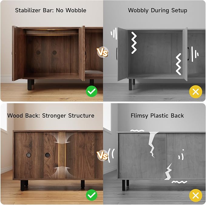 ONBRILL 59 Inches Cat Litter Box Enclosure for 2 Cats, Hidden Litter Boxes Furniture with Cat Scratch Pad, Large Indoor Pet House with Double Room, Wooden TV Stand Side Table, Walnut - Image 6