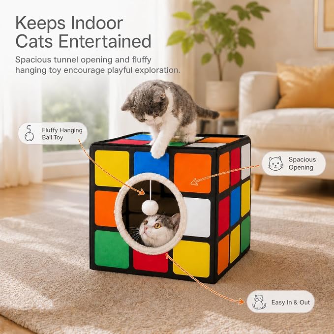 Cat Condo House with Reversible Cushions and Fluffy Ball Hanging, Foldable Magic Cube, Large Cave Bed for Indoor Cats, Unique Puzzle Shape 15.7“ x 15.7" x 13.4” - Image 3