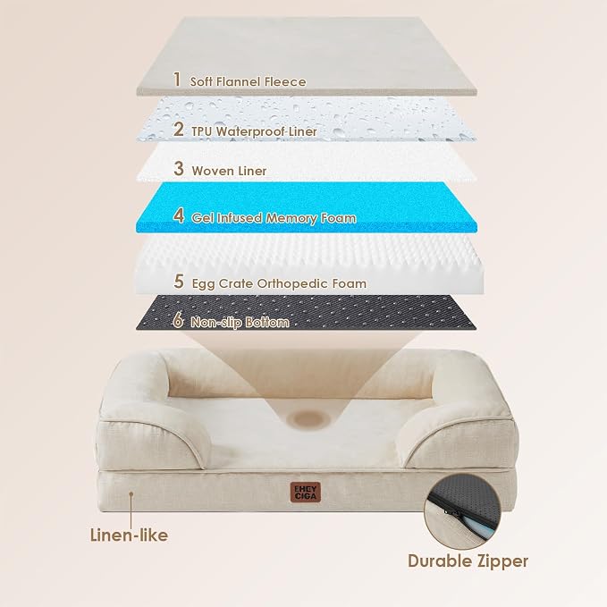 EHEYCIGA Orthopedic Dog Bed Medium Size Dog, Waterproof Washable Pet Beds | Non-Slip Bottom and Egg-Crate Memory Foam Dog Couch Bed with Washable Removable Cover, Beige - Image 2