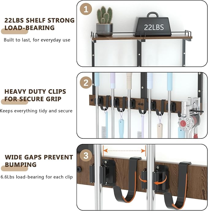 Mop Holder Wall Mount with Cleaning Supplies Organizer, Wood Mop and Broom Hanger Rack Organizer with Anti-Fall Wall Shelf with 5 Clips & Hooks for Garage Laundry Room Kitchen (Dark) - Image 6