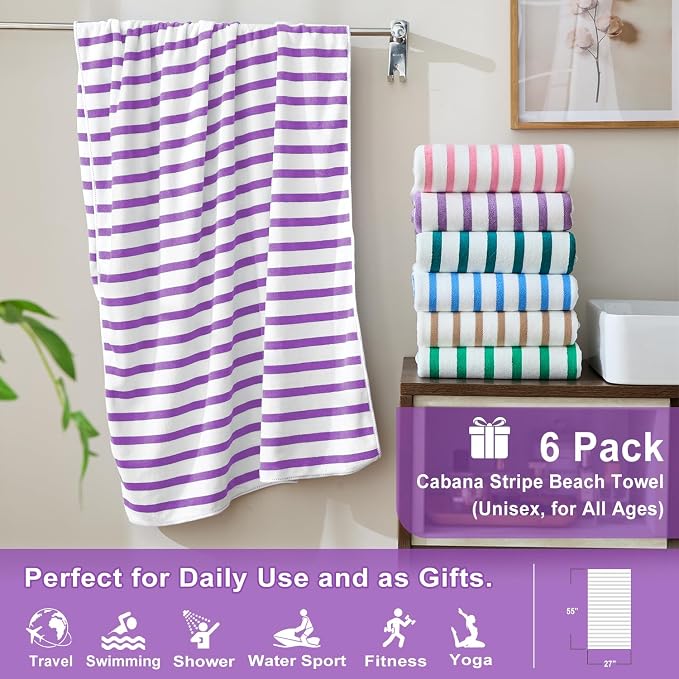 JML Microfiber Beach Towels, 6 Pack, 27" x 55", Cabana Stripe Purple | Soft,Absorbent, Quick Drying Lint-Free, No Fading for Summer Party, Pool, Sport, Yoga, Swimming - Image 2