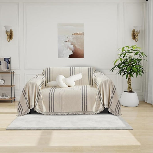 DREAMINGO Chenille Armchair Cover Jacquard Sofa Covers Washable Furniture Protector Recliner Couch Cover 1 Cushion Reversible Chair Cover Beige Light Grey Striped Couch Cover Blanket 71"x 71" by DREAMINGO