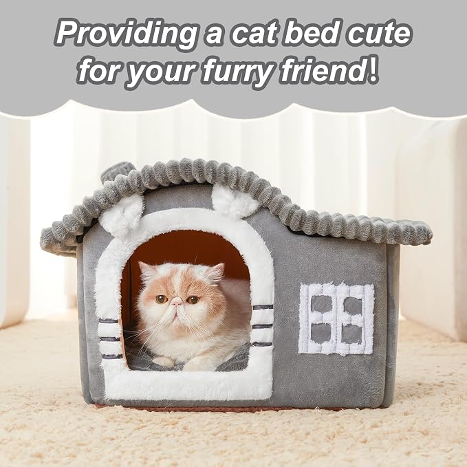 Jiupety Bear Cat Houses for Indoor Cats, Chimney Cute Cat Bed Cave, Enough Interior Space, Cartoon Soft Pet House Up to 3-10 lbs Kitten, Gray - Image 7