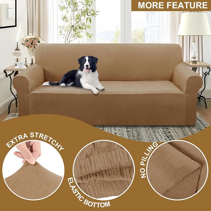 U-NICE HOME Velvet Sofa Covers Stretch Couch Covers for 3 Cushion Couch Furniture Protector Sofa Slipcover (Large, Camel) - Image 4