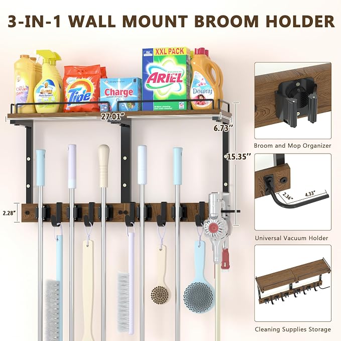 Mop Holder Wall Mount with Cleaning Supplies Organizer, Wood Mop and Broom Hanger Rack Organizer with Anti-Fall Wall Shelf with 5 Clips & Hooks for Garage Laundry Room Kitchen (Brown) - Image 3