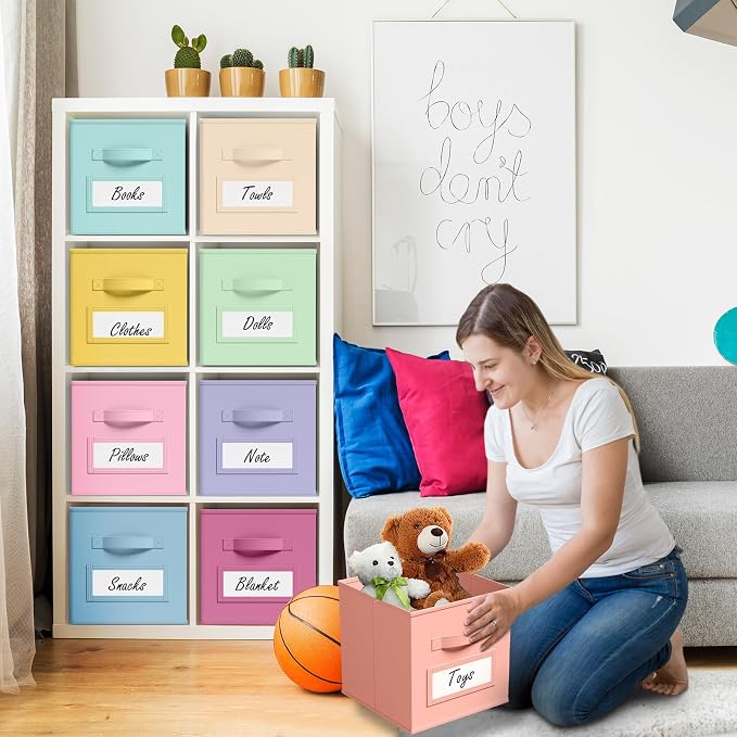 Teenyyou 10 Pack Fabric Storage Cubes 13 Inch Collapsible Cube Bins with Label Window & Handle Foldable Organizers Baskets for Shelf Closet Nursery Kids Room Clothes Book Toy(Macaroon) - Image 6