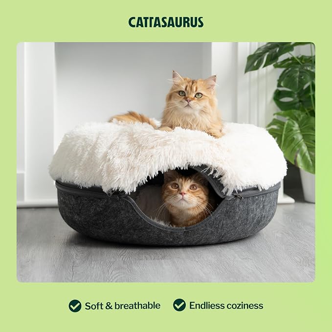 CATTASAURUS Peekaboo Cat Cave for Multiple & Large Cats Up to 30-45 Lbs, Fluffy Cat Beds for Indoor Cats, Scratch Detachable & Washable Tunnel Bed, Comfy Donut Cave (Dark Gray, Large (Calming)) - Image 5