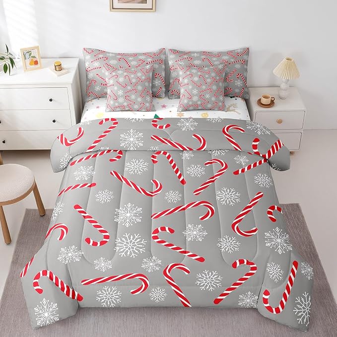 Erosebridal Xmas Candy Cane Twin Bedding Set 7 Piece,Merry Christmas Bed in A Bag for Kids Boys Girls,Winter Snowflake Comforter Set Grey Christmas Ornaments Sheet Set with Comforter by Erosebridal