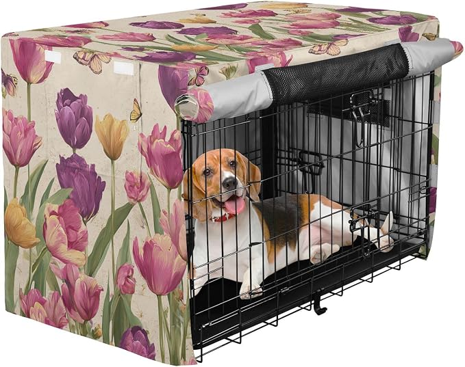 Dog Crate Cover Kennel Cover for Dog Cages Breathable for Wire Cage Indoor Outdoor Vintage Beige Spring Tulips Butterflies - Image 2