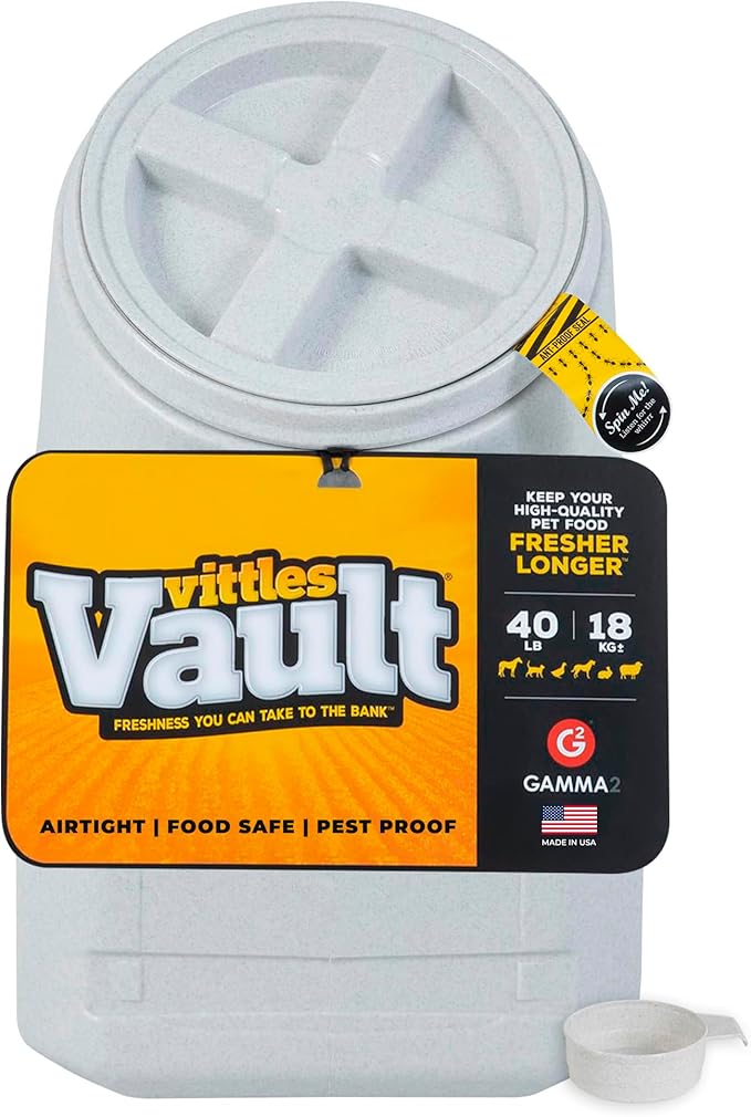 Vittles Vault Traditional Pet Food Storage Container For Dog Kibbles/Bird Seed/Oatmeal/Rice/Flour/Cereal, BPA Free Plastic, Sealed Airtight For Cat Food, Up To 40 lb, Made in USA, With Scoop, Gray by Gamma2