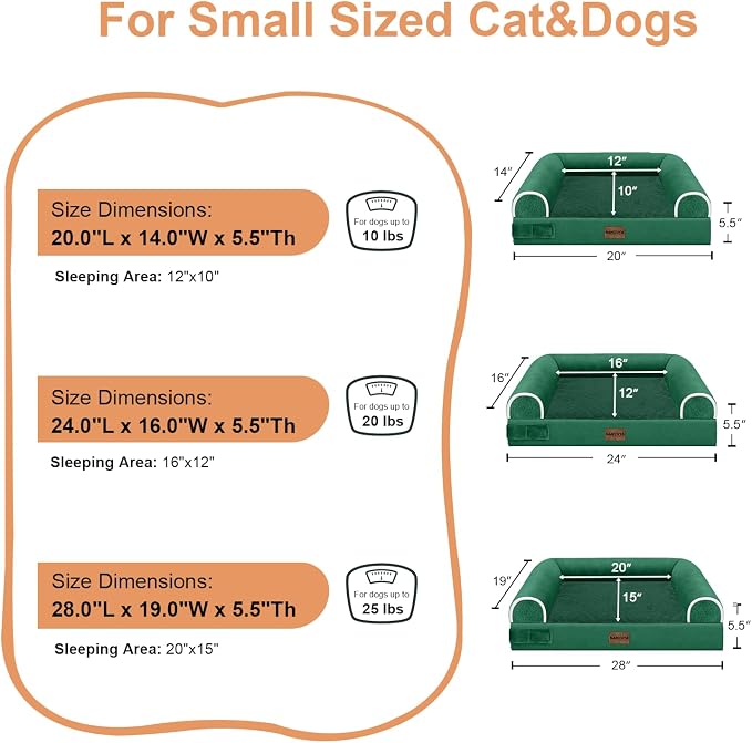 NANUYA Orthopedic Dog Bed for Small Dogs, 24 x 16 Inch, Emerald | Egg crate foam for joint support, 3-sided bolster pet sofa, waterproof lining, washable cover, and non-skid base - Image 6
