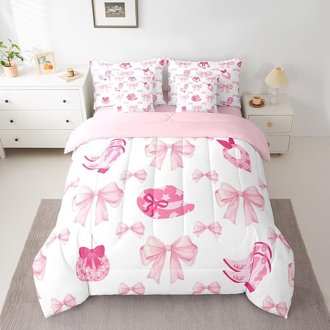 Erosebridal 7 Piece Western Cowgirl Comforter Set Full Bed in a Bag,Pink Bowknot Bow Bedding Set for Girls Women,Rustic Farmhouse Quilt,Vintage Cowboy Hats Boots Duvet Set,Funky Disco Ball Sheet Set - Image 2