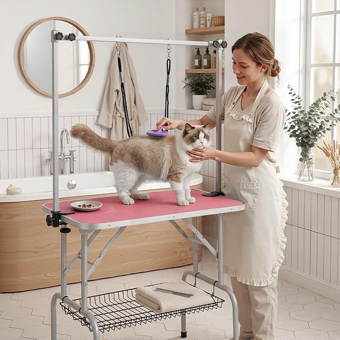 VINGLI Dog Grooming Table, Adjustable Cat Grooming Desktop with Arms and Storage Basket, Pet Grooming Stand at Home (Pink, 36 inch) - Image 8