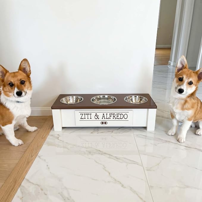 3 Bowl Dog Feeding Station, Personalized Triple Bowl Food Stand Small Dogs | Farmhouse Style, Elevated Wood Stand, Storage Container, Stainless Steel Bowls, Raised Feeder, Small Breed, Made in USA - Image 2