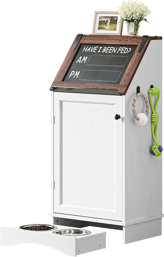 FIMELLO Dog Feeding Station with Storage, Dog Food Cabinet with 2 Hidden Feeding Bowls, Flip-Top Pet Storage Cabinet, Pet Food Holder, White Grain by FimelloHome