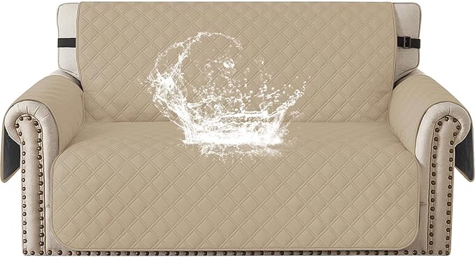 Waterproof Loveseat Covers for 2 Cushion Couch, Sofa Covers for Pets Washable with Side Pockets, Non Slip Couch Covers for Dogs, Dog Couch Cover with Elastic Straps (Loveseat, Khaki) by CYCMACOHOME