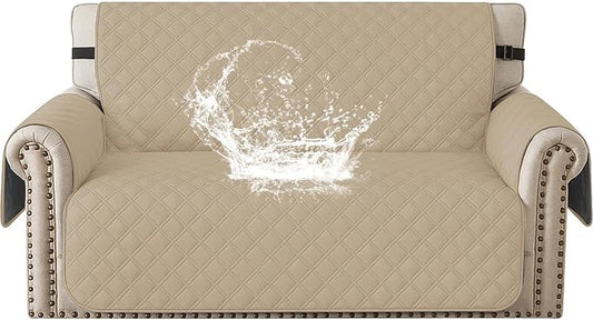 Waterproof Loveseat Covers for 2 Cushion Couch, Sofa Covers for Pets Washable with Side Pockets, Non Slip Couch Covers for Dogs, Dog Couch Cover with Elastic Straps (Loveseat, Khaki) by CYCMACOHOME